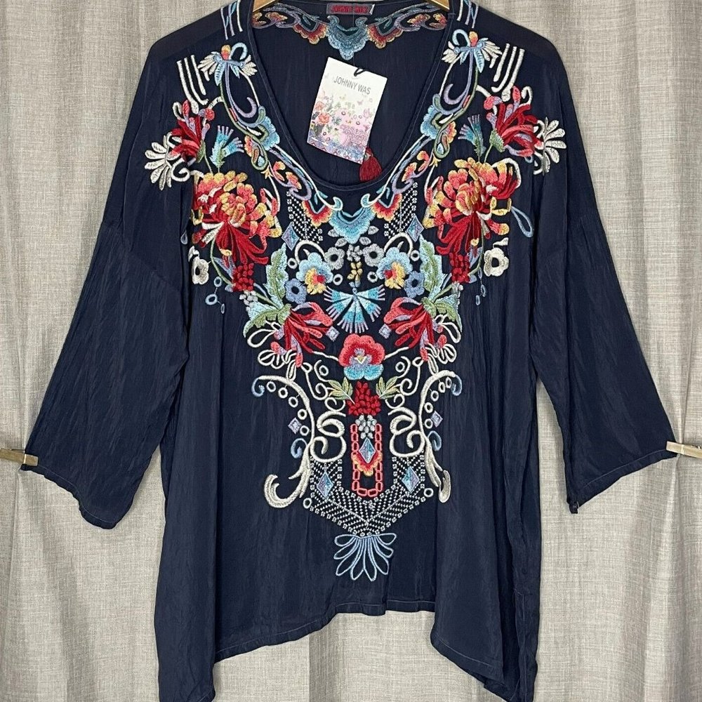 NWT Johnny Was VALERIE Blue/Grey Fully Embroidered Rayon Blouse Top